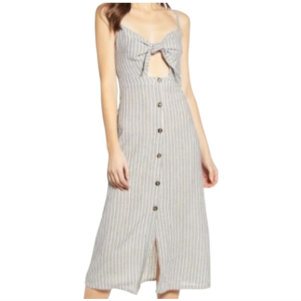 Bishop & Young Cotton & Linen blend Striped Tie Front Cutout Midi Dress Size S